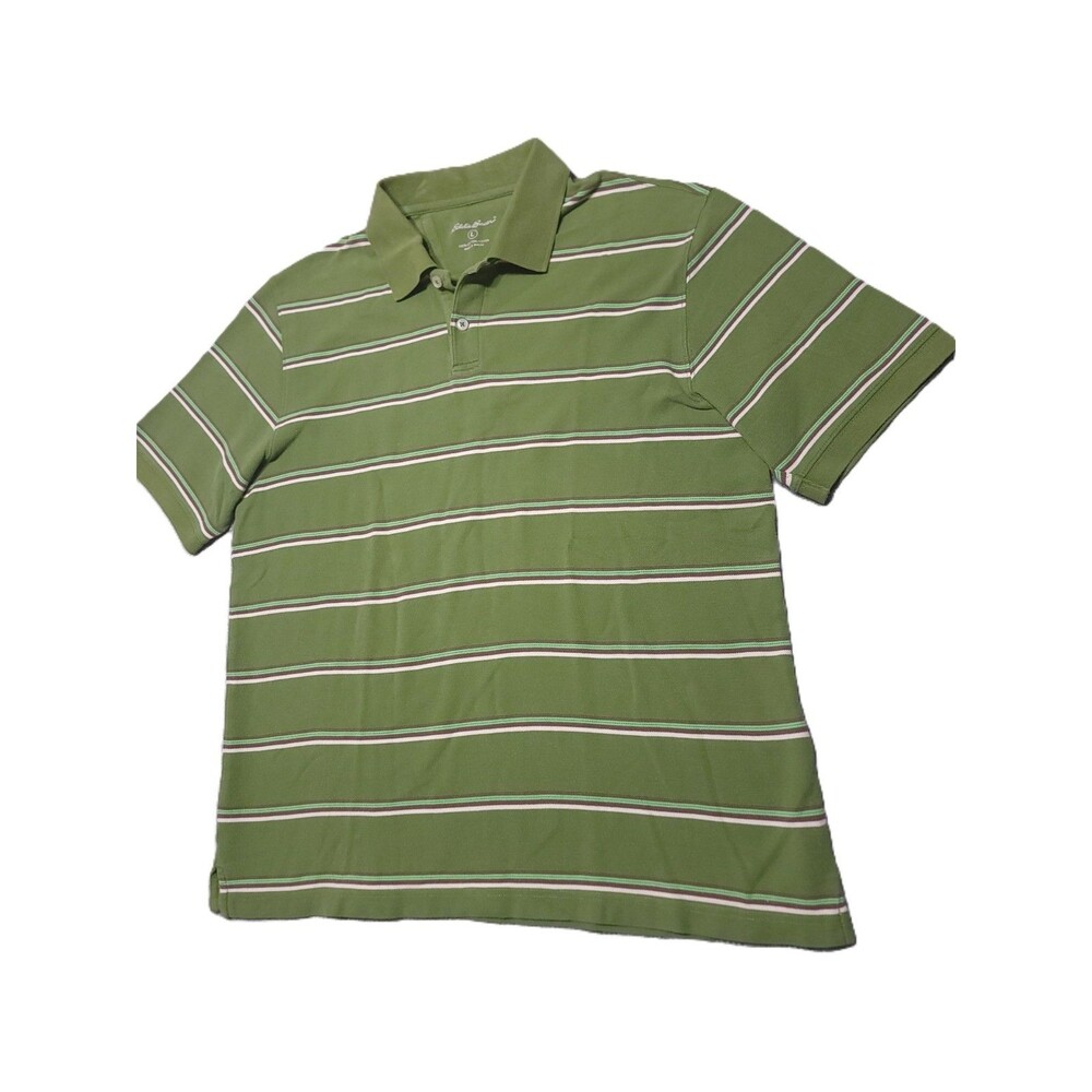 Eddie Bauer Polo Shirt Mens Size L Green Striped Short Sleeve Cotton